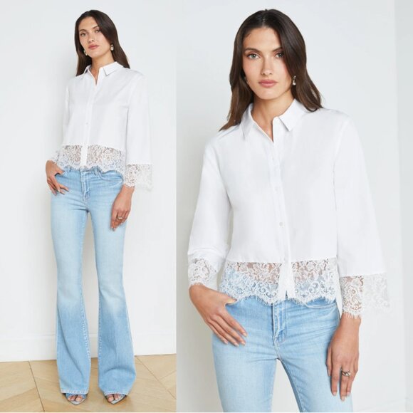 L'AGENCE Tops - NWT L'AGENCE Levo Lace Trim Cropped Boxy Shirt in White Size S
